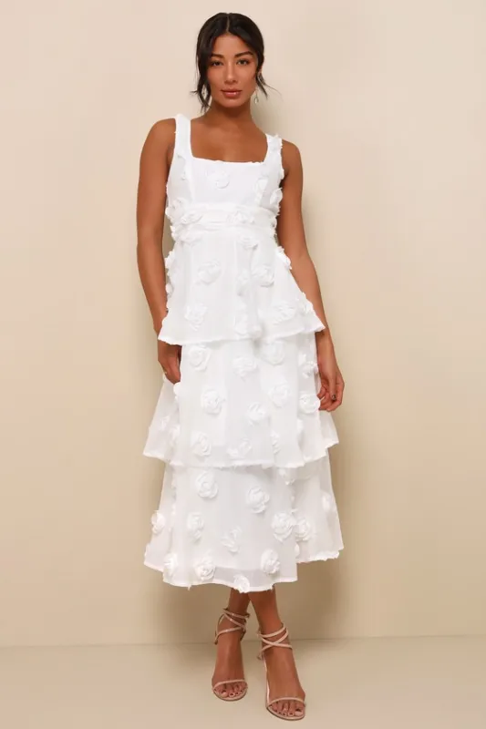 Exceptional Entrance White Sleeveless Tiered Rosette Midi Dress sold by Lulus