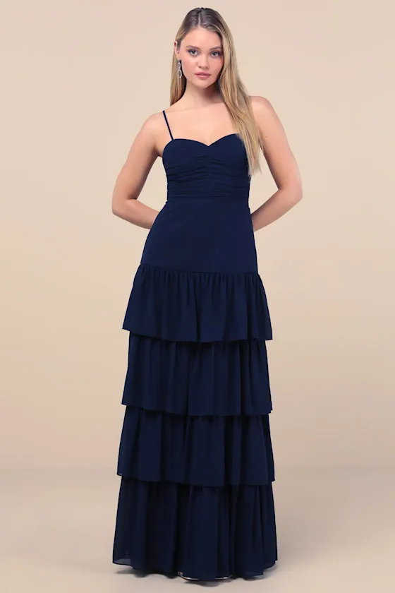 Gorgeous Influence Navy Tiered Maxi Dress sold by Lulus