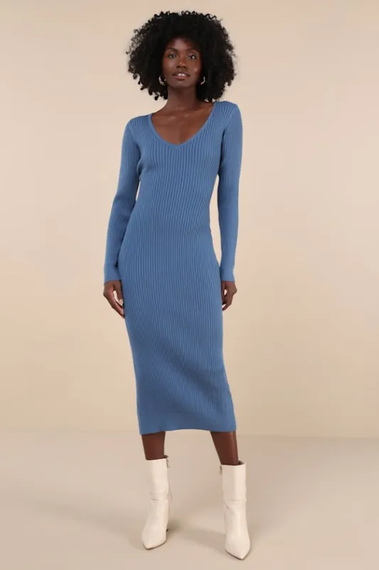 Everyday Beauty Blue Long Sleeve Ribbed Knit Sweater Dress sold by Lulus