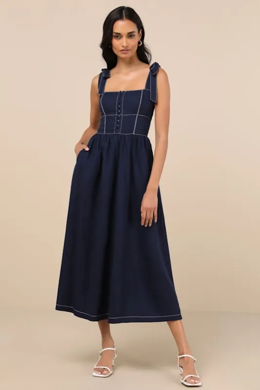Callina Dark Blue Tie-Strap Midi Dress sold by Lulus