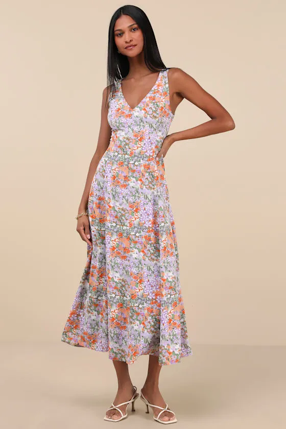 Your Only Darling Lavender Floral Print Sleeveless Midi Dress sold by Lulus