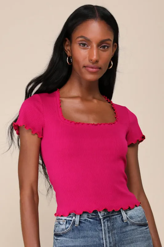 Bold Darling Magenta Ribbed Lettuce Edge Short Sleeve Top sold by Lulus