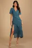 Next to You Slate Blue Swiss Dot Ruffled Midi Dress sold by Lulus