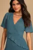 Next to You Slate Blue Swiss Dot Ruffled Midi Dress sold by Lulus