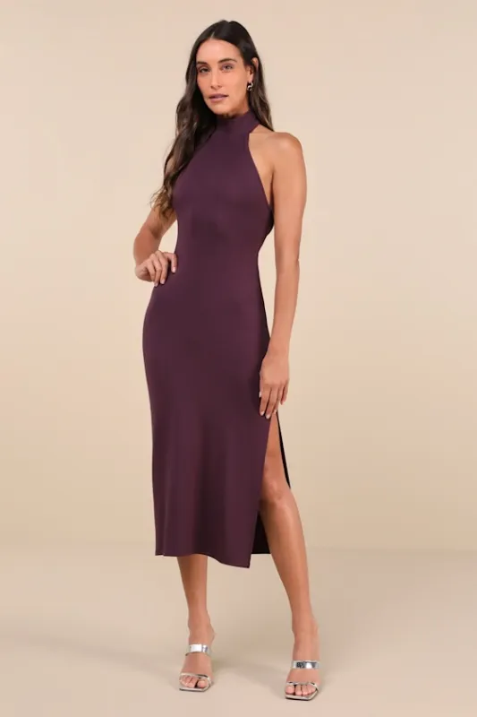 Simply Enchanted Dark Purple Halter Midi Dress sold by Lulus