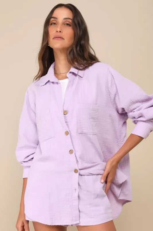 Swell Lilac Cotton Long Sleeve Collared Button-Up Top sold by Lulus