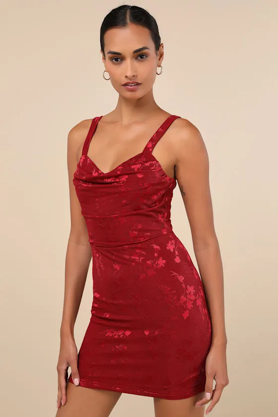 Ever So Flirty Wine Red Mesh Floral Cowl Bodycon Mini Dress sold by Lulus