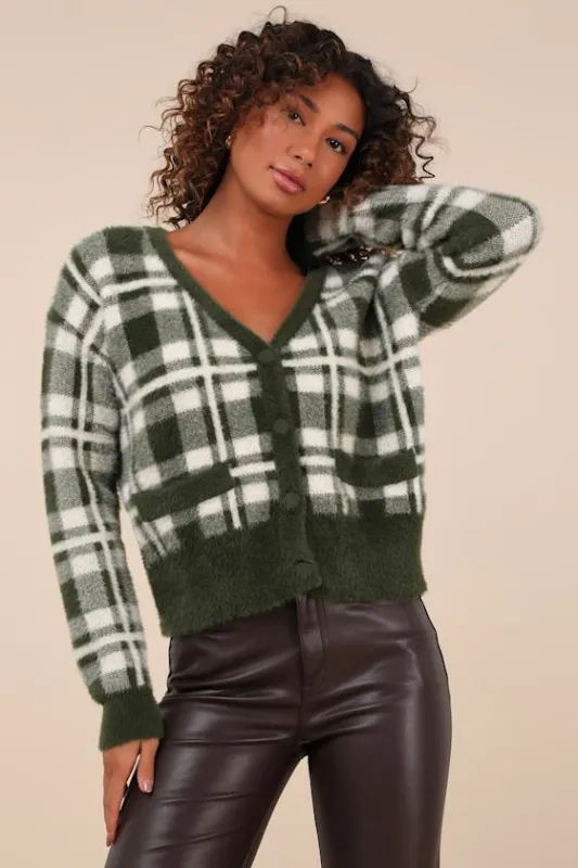 Coziest Dream Dark Green and Ivory Plaid Eyelash Knit Cardigan sold by Lulus