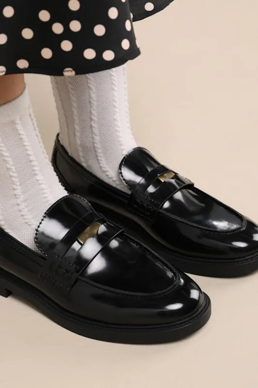 Halliday Black Patent Penny Loafers sold by Lulus