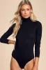Wilde Black Ribbed Long Sleeve Mock Neck Bodysuit sold by Lulus