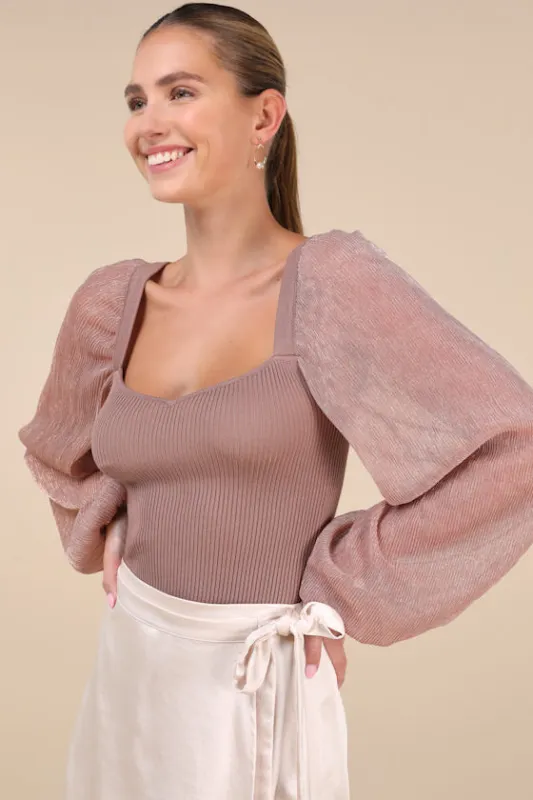 Sweet Edge Mauve Ribbed Mesh Balloon Sleeve Sweater Top sold by Lulus