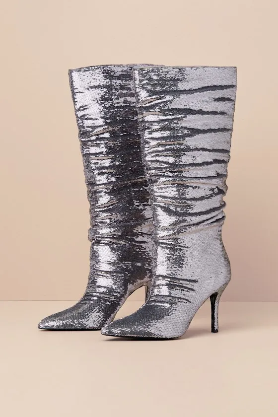 Cristean Silver Sequin Pointed-Toe Slouchy Knee-High Boots sold by Lulus product image thumbnail 2