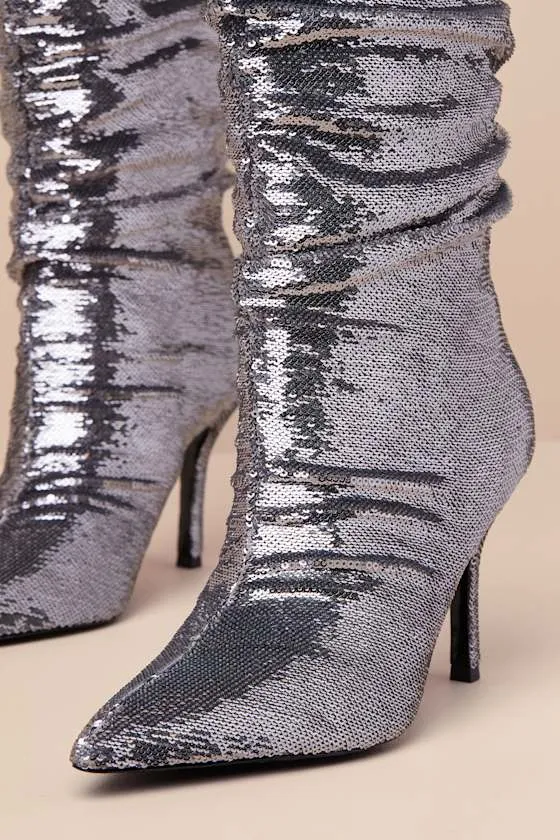 Cristean Silver Sequin Pointed-Toe Slouchy Knee-High Boots sold by Lulus product image thumbnail 4