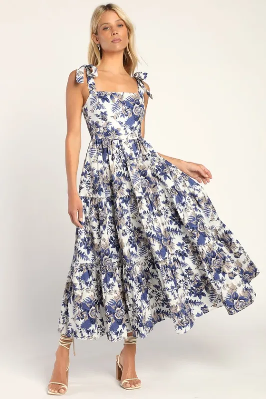 Mallorca Memories White Floral Print Tiered Tie-Strap Maxi Dress sold by Lulus