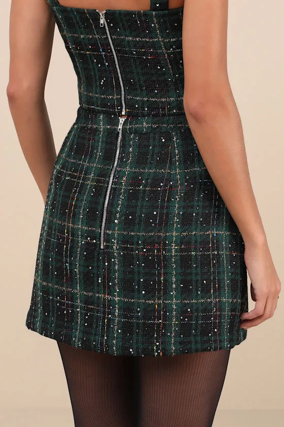 Adorably Posh Dark Green Multi Plaid Tweed Faux-Wrap Mini Skirt sold by Lulus product image thumbnail 3