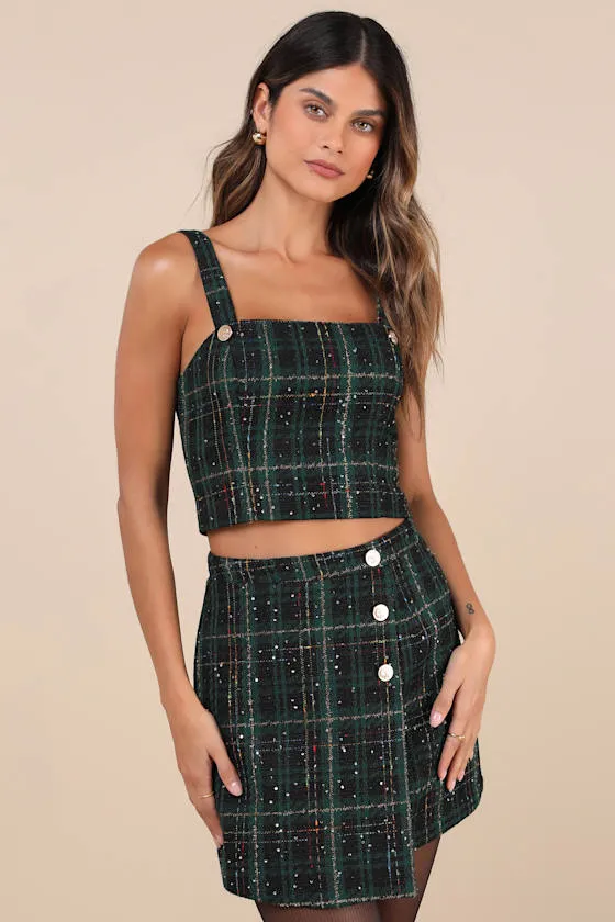 Adorably Posh Dark Green Multi Plaid Tweed Faux-Wrap Mini Skirt sold by Lulus product image thumbnail 4