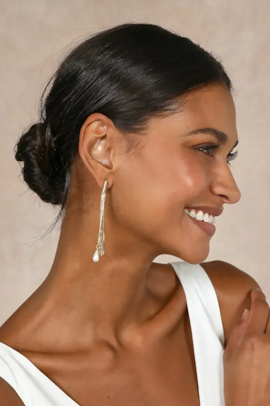 Modish Shine Gold Rhinestone Pearl Fringe Drop Earrings sold by Lulus