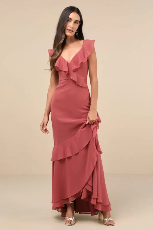 Charming Event Rusty Rose Asymmetrical Ruffled Maxi Dress sold by Lulus