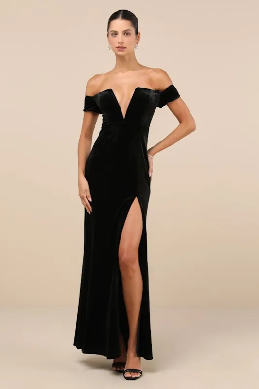 Captivating Silhouette Black Velvet Off-the-Shoulder Maxi Dress sold by Lulus