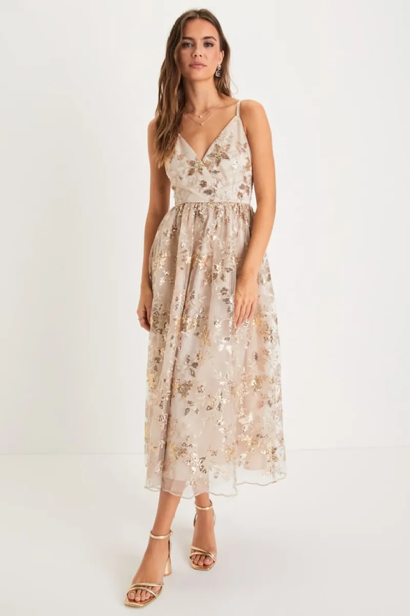 Glittery Glamour Gold Floral Embroidered Sequin Midi Dress sold by Lulus