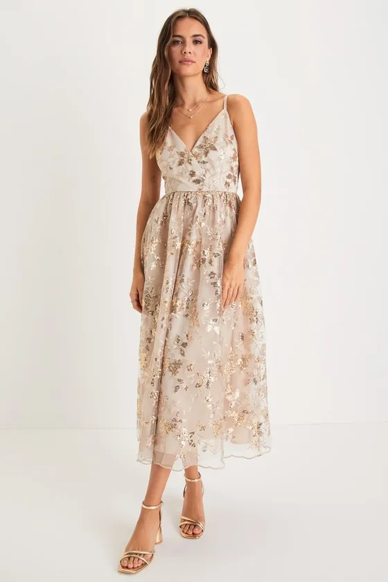 Glittery Glamour Gold Floral Embroidered Sequin Midi Dress sold by Lulus