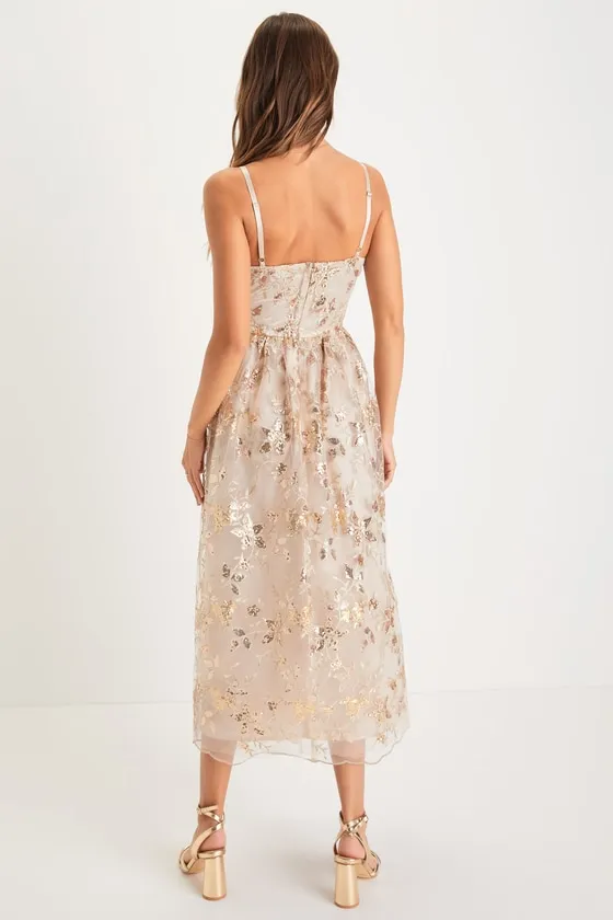 Glittery Glamour Gold Floral Embroidered Sequin Midi Dress sold by Lulus product image thumbnail 2