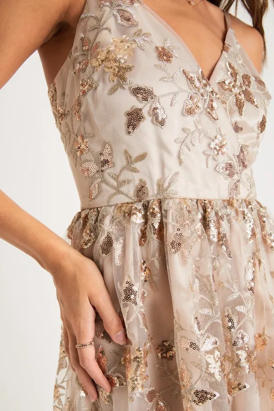Glittery Glamour Gold Floral Embroidered Sequin Midi Dress sold by Lulus product image thumbnail 3