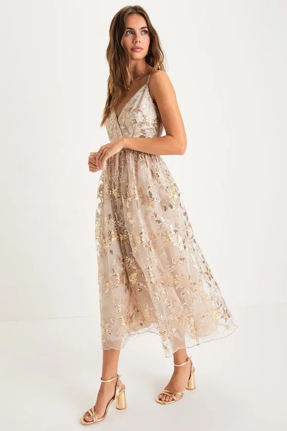 Glittery Glamour Gold Floral Embroidered Sequin Midi Dress sold by Lulus product image thumbnail 4