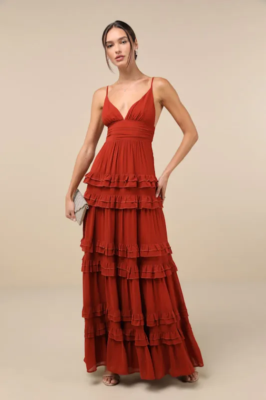 Lavish Perfection Rust Orange Ruffled Tiered Maxi Dress sold by Lulus