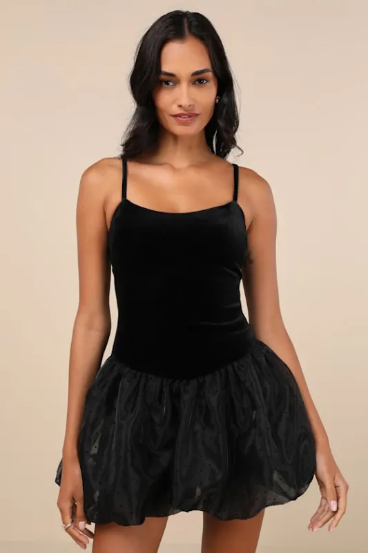 Coquette Energy Black Polka Dot Velvet Drop Waist Mini Dress sold by Lulus