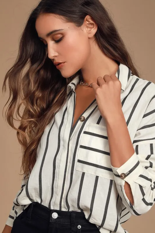 Amelia Dawn Off-White Striped Long Sleeve Button-Up Top sold by Lulus