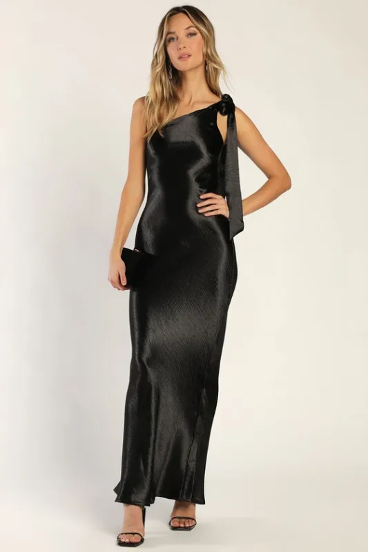 Lavish Looks Black Satin One-Shoulder Tie-Strap Maxi Dress sold by Lulus
