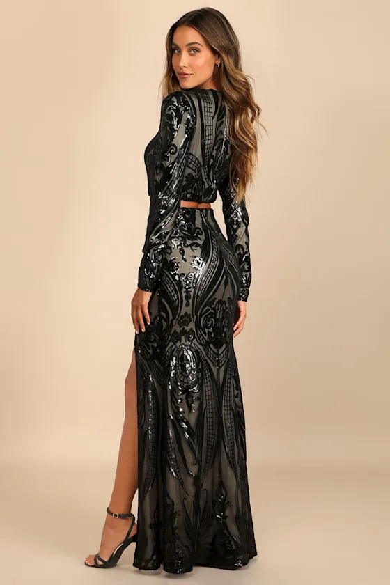 Luxe Aesthetic Black Sequin Long Sleeve Two-Piece Maxi Dress sold by Lulus product image thumbnail 3