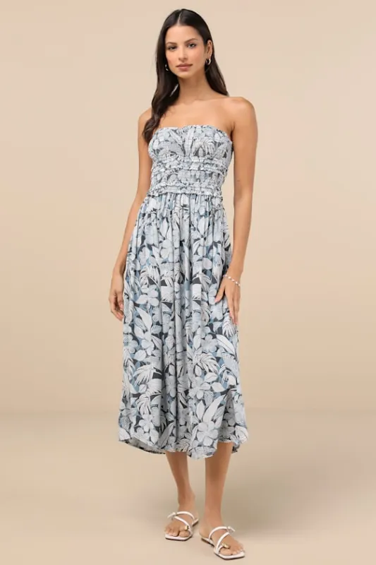 Devyn Slate Blue Tropical Print Smocked Strapless Midi Dress sold by Lulus