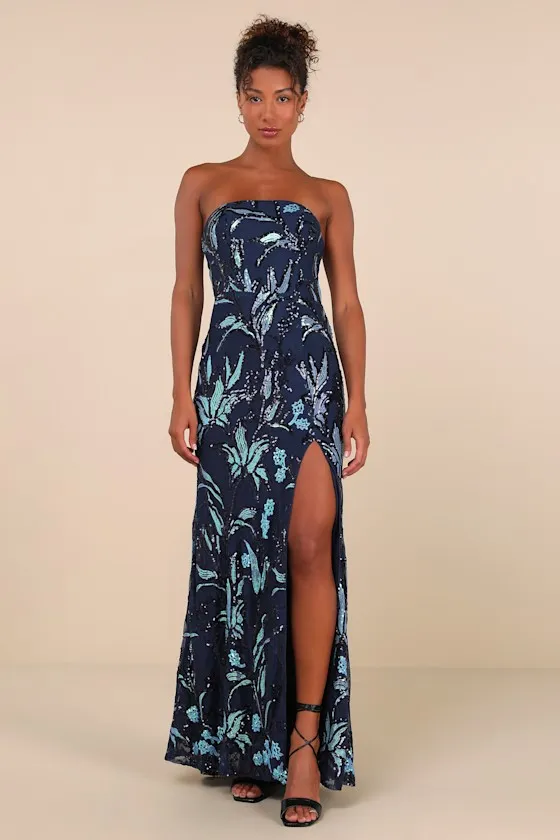 Shimmering Icon Navy Sequin Lace-Up Strapless Maxi Dress sold by Lulus