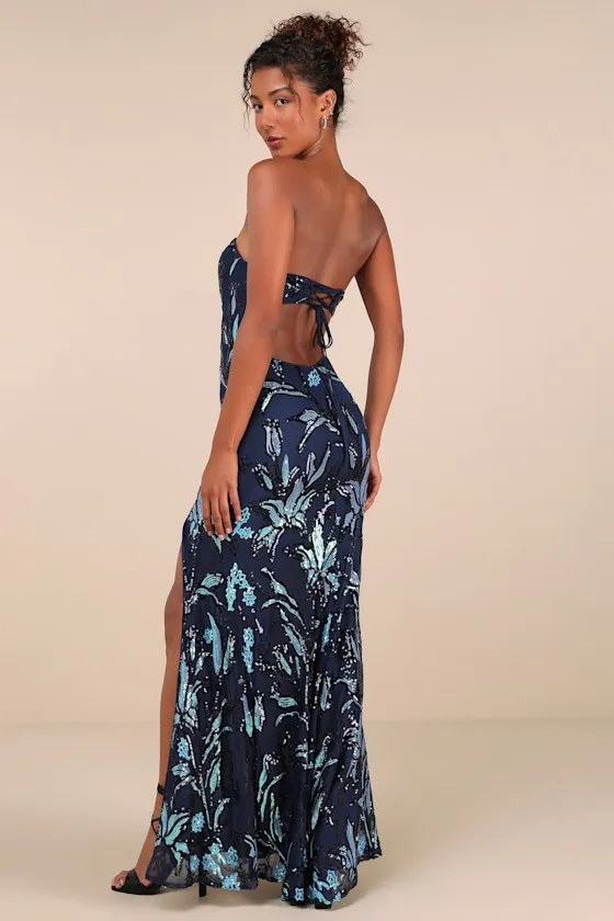 Shimmering Icon Navy Sequin Lace-Up Strapless Maxi Dress sold by Lulus product image thumbnail 2