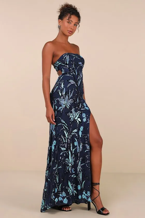 Shimmering Icon Navy Sequin Lace-Up Strapless Maxi Dress sold by Lulus product image thumbnail 3