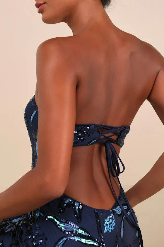 Shimmering Icon Navy Sequin Lace-Up Strapless Maxi Dress sold by Lulus product image thumbnail 4