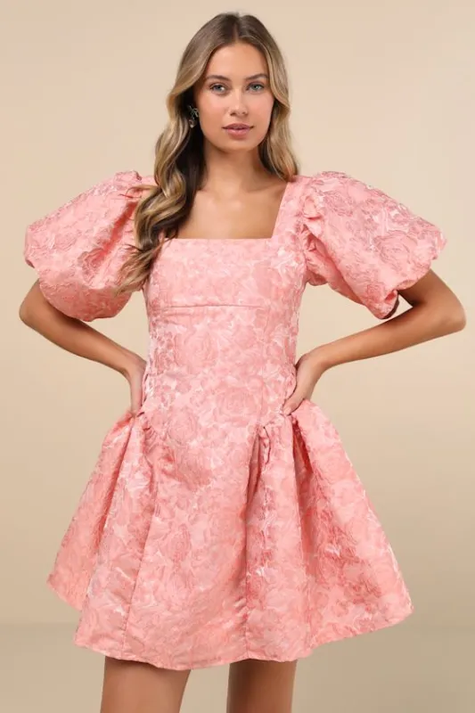 Recital Pink Jacquard Floral Puff Sleeve Mini Dress sold by Lulus