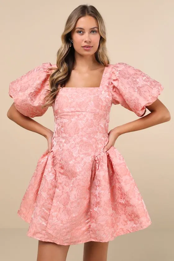 Recital Pink Jacquard Floral Puff Sleeve Mini Dress sold by Lulus