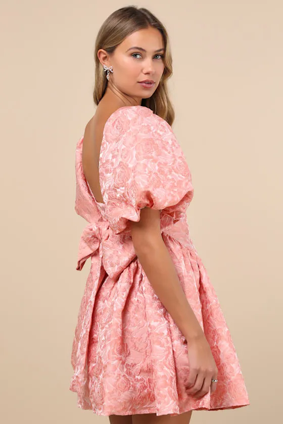 Recital Pink Jacquard Floral Puff Sleeve Mini Dress sold by Lulus product image thumbnail 2