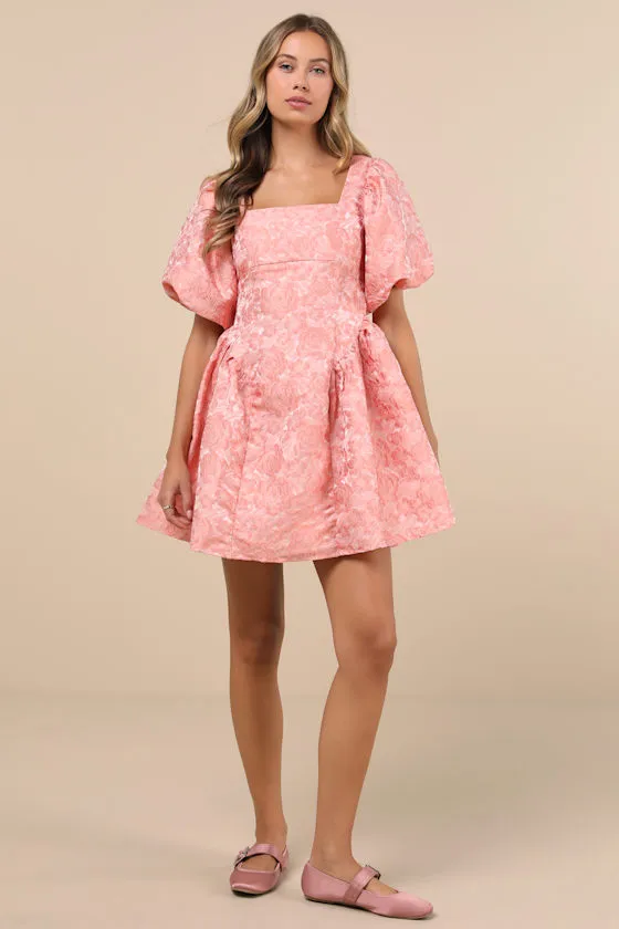 Recital Pink Jacquard Floral Puff Sleeve Mini Dress sold by Lulus product image thumbnail 3