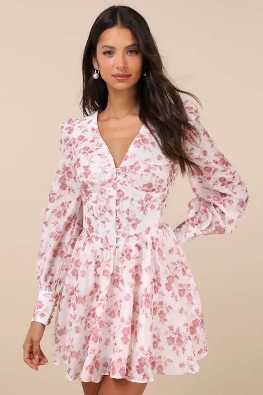 Signature Charm Ivory and Pink Floral Bustier Mini Dress sold by Lulus