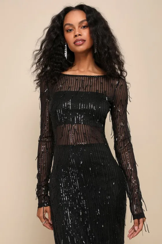 Sheer Fascination Black Sheer Mesh Sequin Fringe Maxi Dress sold by Lulus product image thumbnail 2
