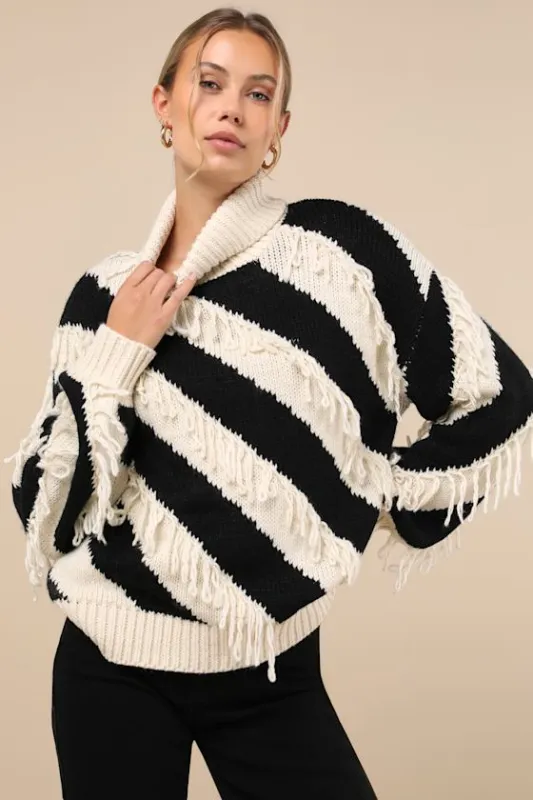 Comfy Concept Ivory and Black Striped Fringe Sweater sold by Lulus