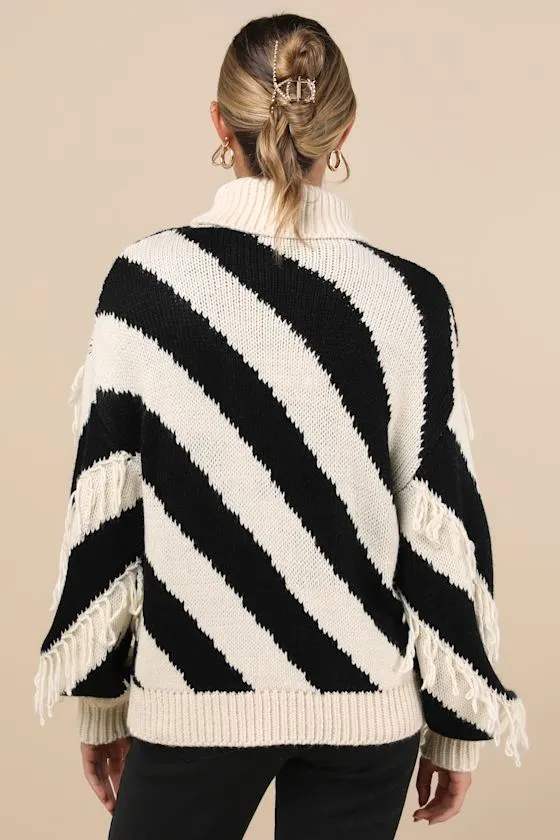 Comfy Concept Ivory and Black Striped Fringe Sweater sold by Lulus product image thumbnail 2