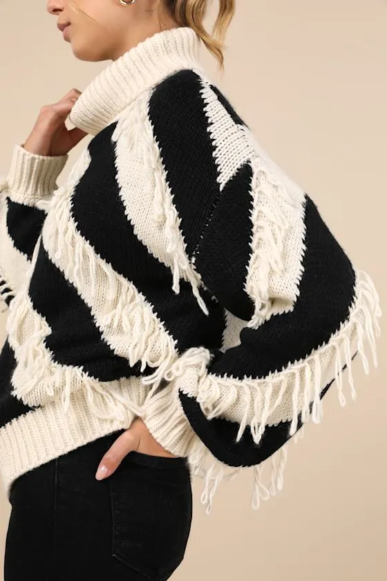 Comfy Concept Ivory and Black Striped Fringe Sweater sold by Lulus product image thumbnail 4