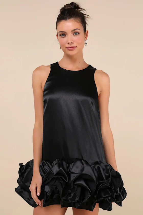 Contemporary Stunner Black Satin Ruffle Hem Shift Mini Dress sold by Lulus