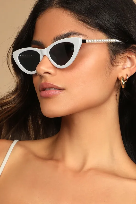 Pep Talk White Mini Cat-Eye Pearl Sunglasses sold by Lulus