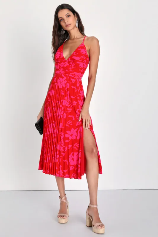 Vibrant Moment Red and Pink Floral Pleated Lace-Up Midi Dress sold by Lulus